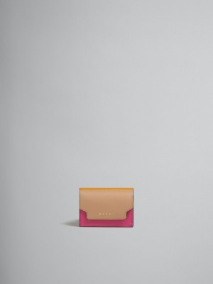 Marni Cuero Tri-fold Wallet Beige Rosas Naranjas | DMXKV96906