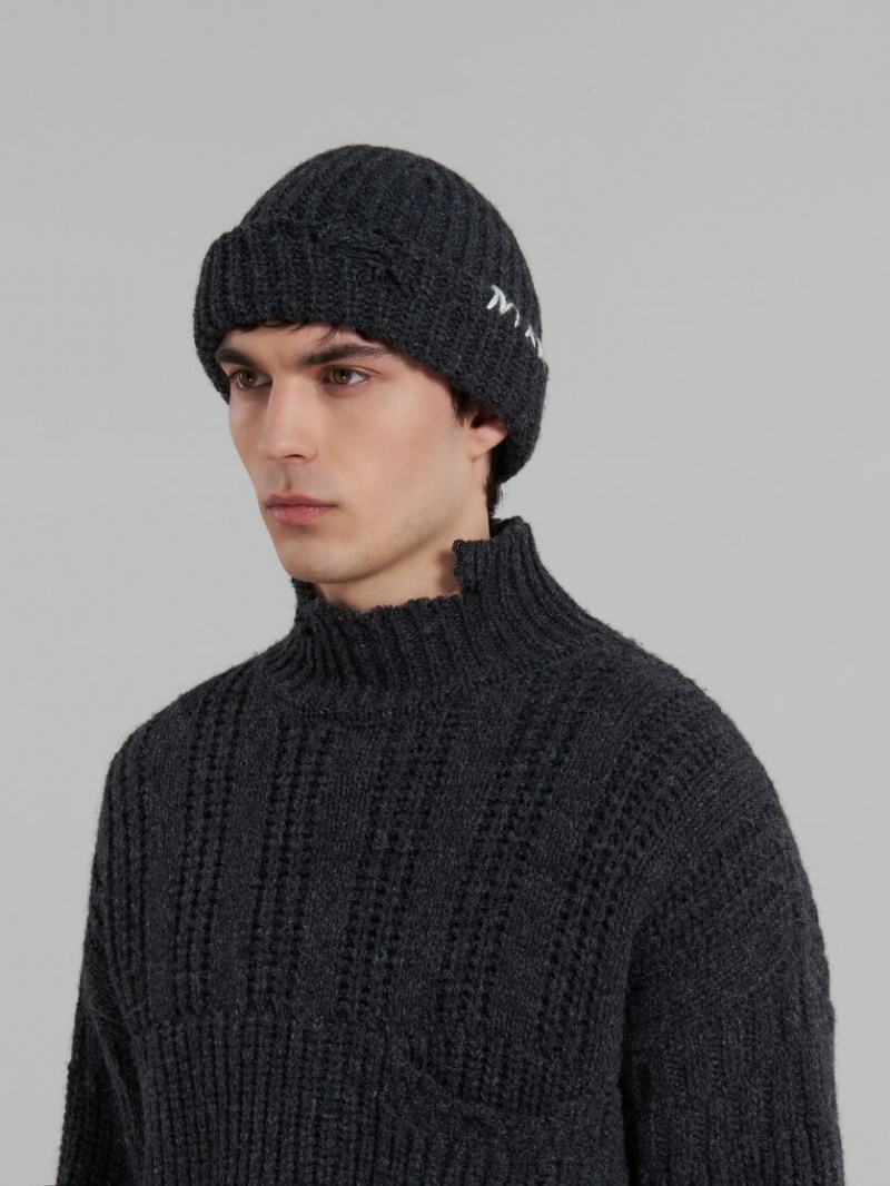Marni Acanalado Beanie With Hand-stitched Logo Grises Oscuro | MXIIZ81043