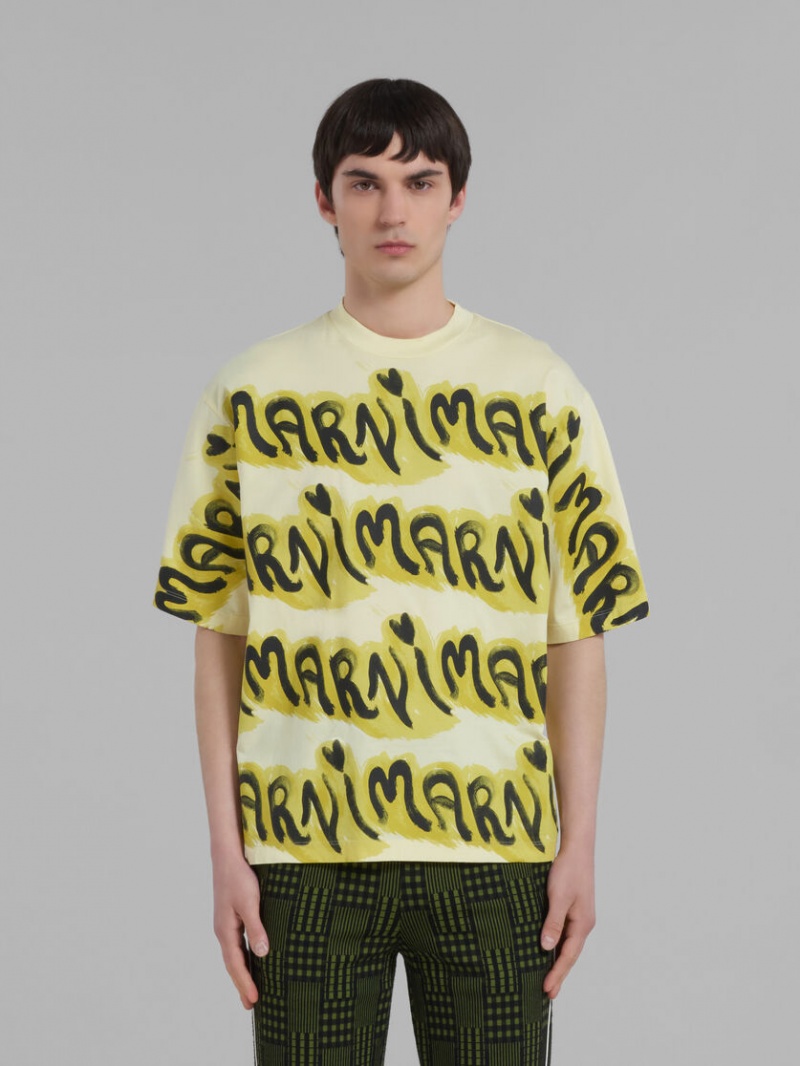 Marni Bio Algodon T-shirt With Logo Stripes Amarillos | MMXHR74254