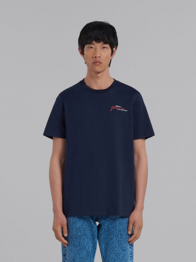 Marni Bio Algodon T-shirt With Wordsearch Print Azules | XMXGW18622