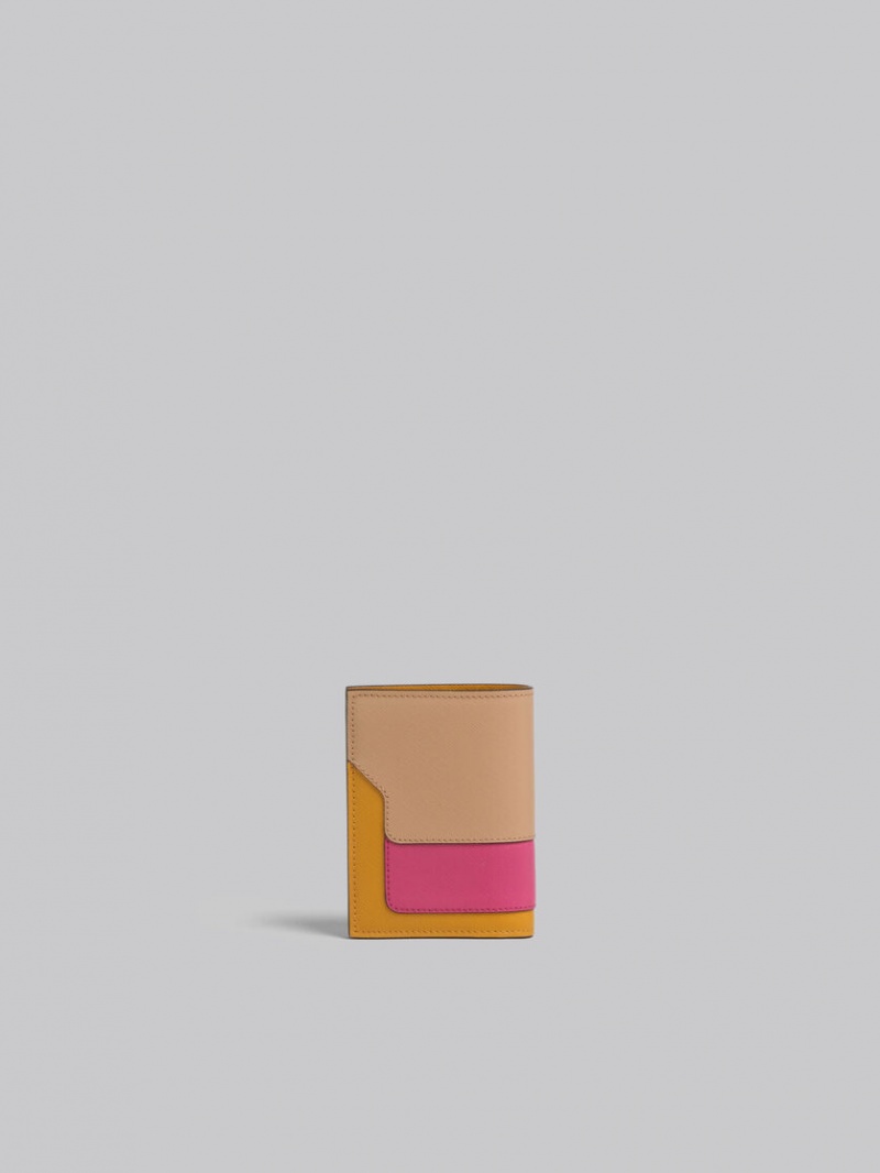 Marni Cuero Bi-fold Wallet Beige Rosas Naranjas | XMXBH40041