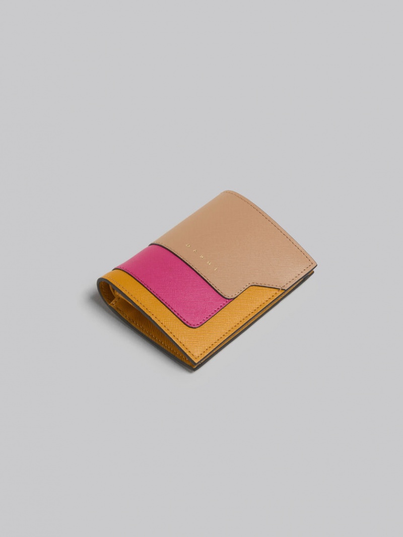 Marni Cuero Bi-fold Wallet Beige Rosas Naranjas | XMXBH40041