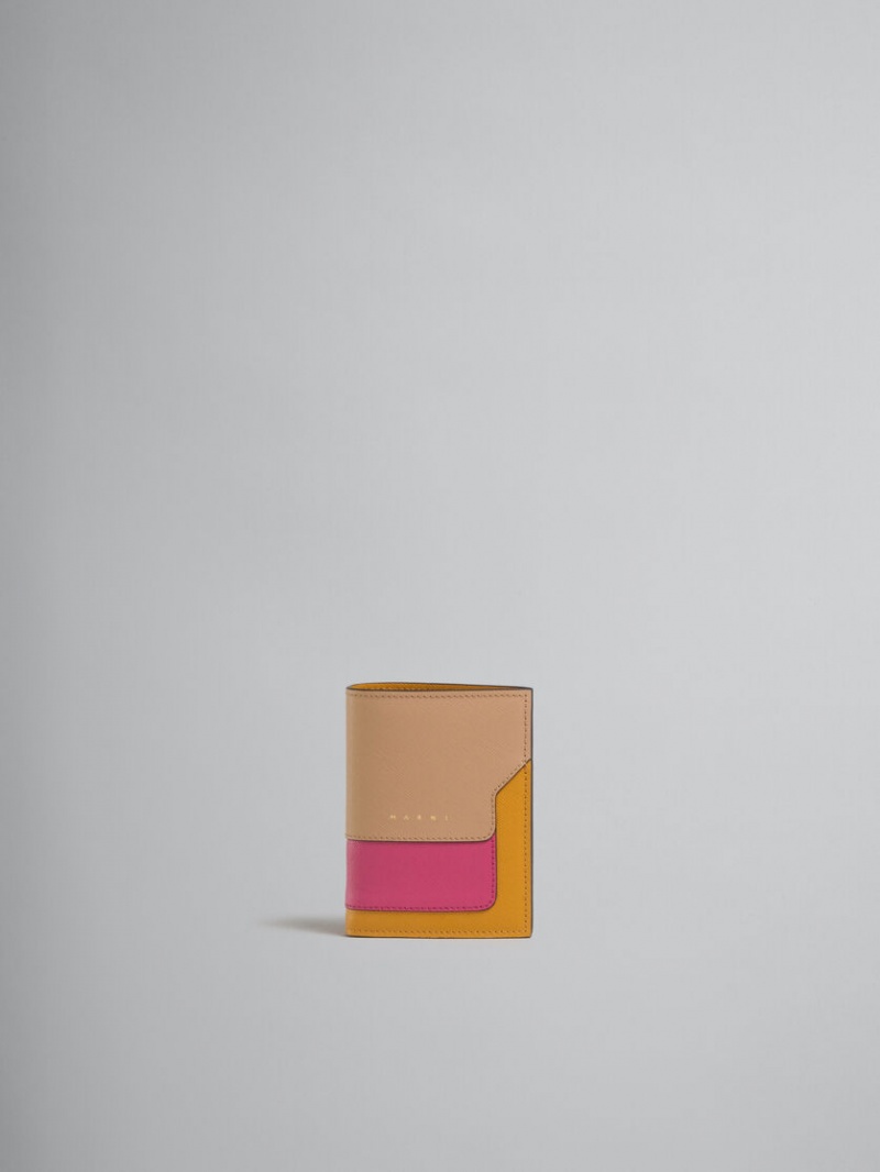Marni Cuero Bi-fold Wallet Beige Rosas Naranjas | XMXBH40041
