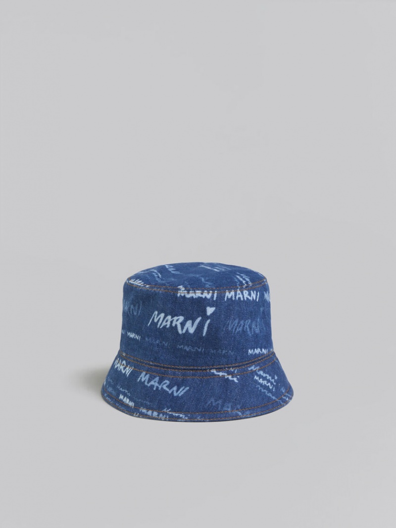 Marni Denim Bucket Hat With Mega Marni Motif Azules | BMXSD97540