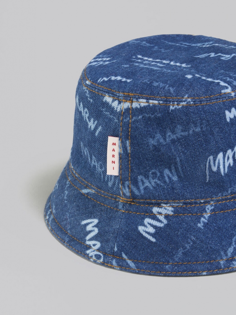 Marni Denim Bucket Hat With Mega Marni Motif Azules | BMXSD97540