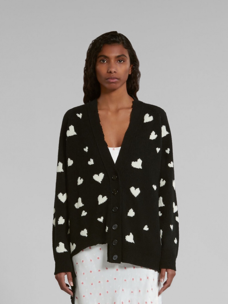 Marni Lana Long Cardigan With Bunch Of Hearts Motif Negros | TMXPQ99828