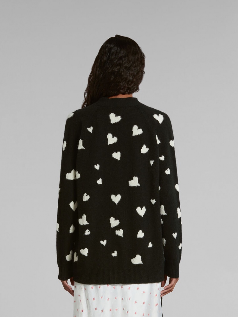 Marni Lana Long Cardigan With Bunch Of Hearts Motif Negros | TMXPQ99828