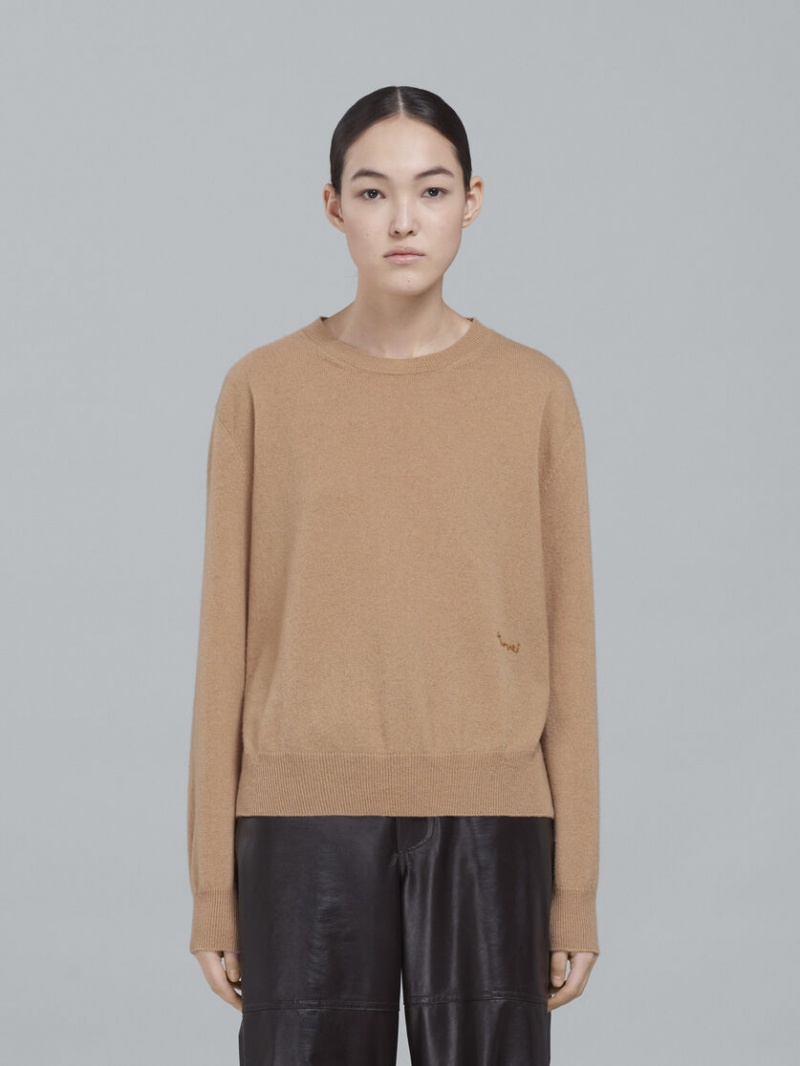 Marni Logo Cashmere Crewneck Sueter Beige | TMXPQ38594