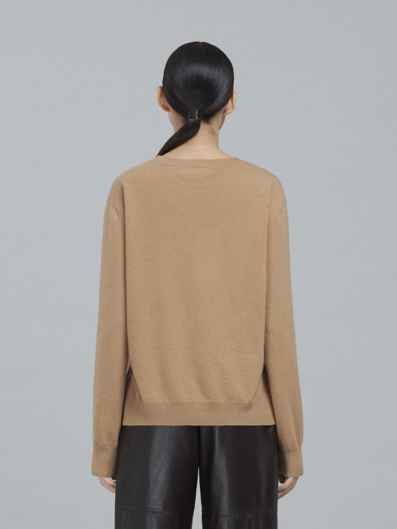 Marni Logo Cashmere Crewneck Sueter Beige | TMXPQ38594