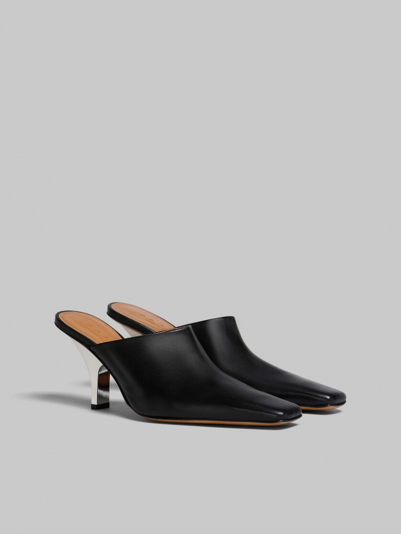 Marni Nappa Cuero Tacón Mule Negros | EMXVG77984