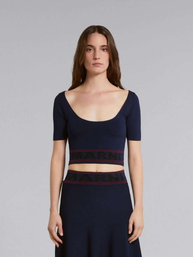 Marni Scoop-neck Top With Logo Hem Azules | UMXND14410