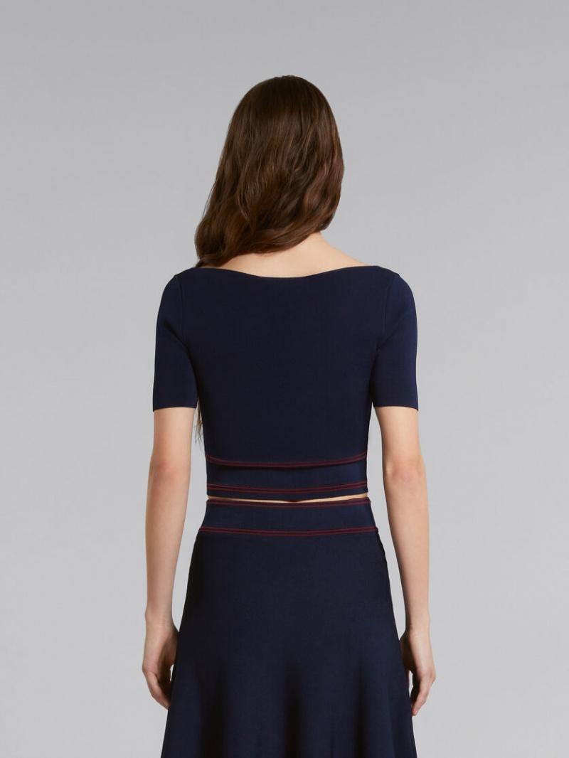 Marni Scoop-neck Top With Logo Hem Azules | UMXND14410