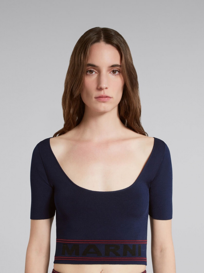Marni Scoop-neck Top With Logo Hem Azules | UMXND14410
