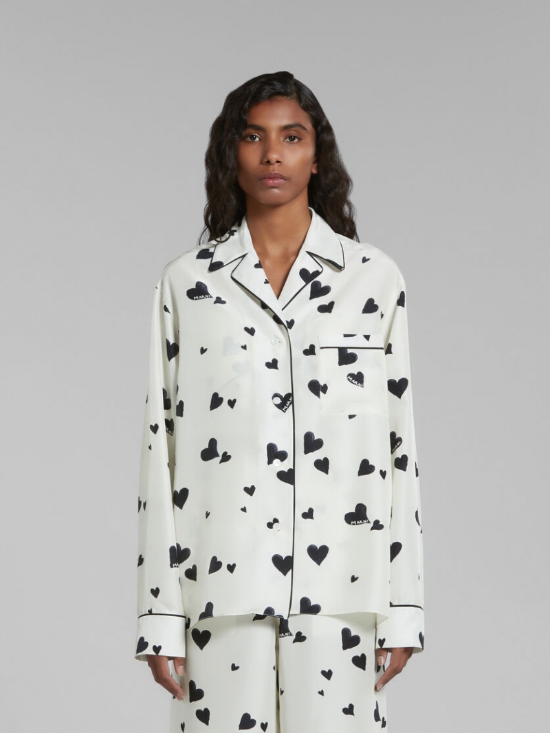 Marni Silk Pyjama Shirt With Bunch Of Hearts Print Blancos | MXICD37074