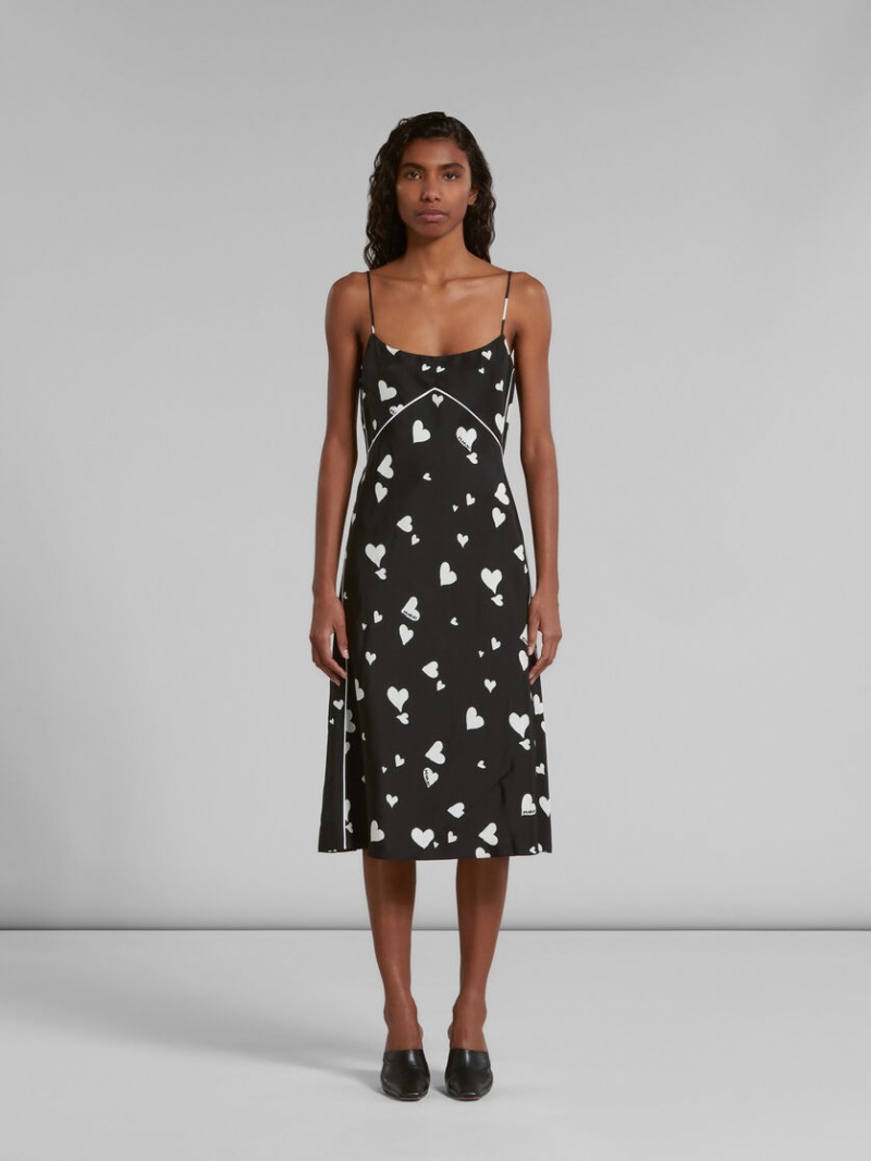 Marni Silk Slip With Bunch Of Hearts Print Negros | PMXQX99996