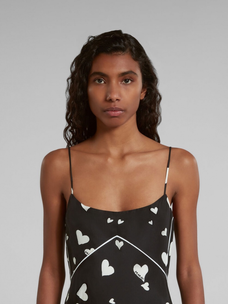 Marni Silk Slip With Bunch Of Hearts Print Negros | PMXQX99996