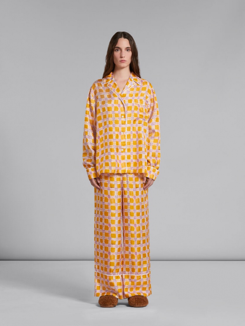 Marni Silk Twill Pyjama Pants With Check Fields Print Amarillos | MXEAH92415
