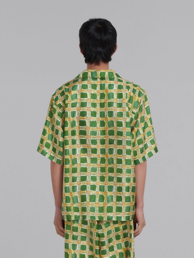 Marni Silk Twill Shirt With Check Fields Print Verdes | MXJVR11899