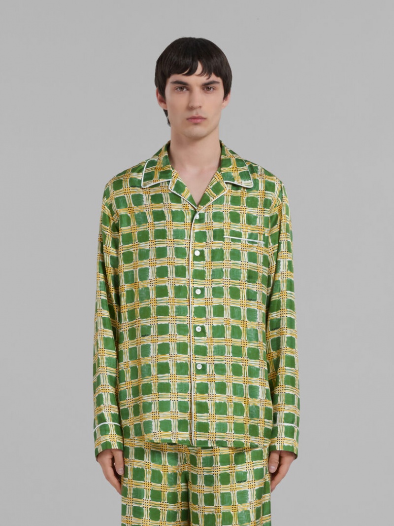 Marni Silk Twill Shirt With Check Fields Print Verdes | YMXGT58520