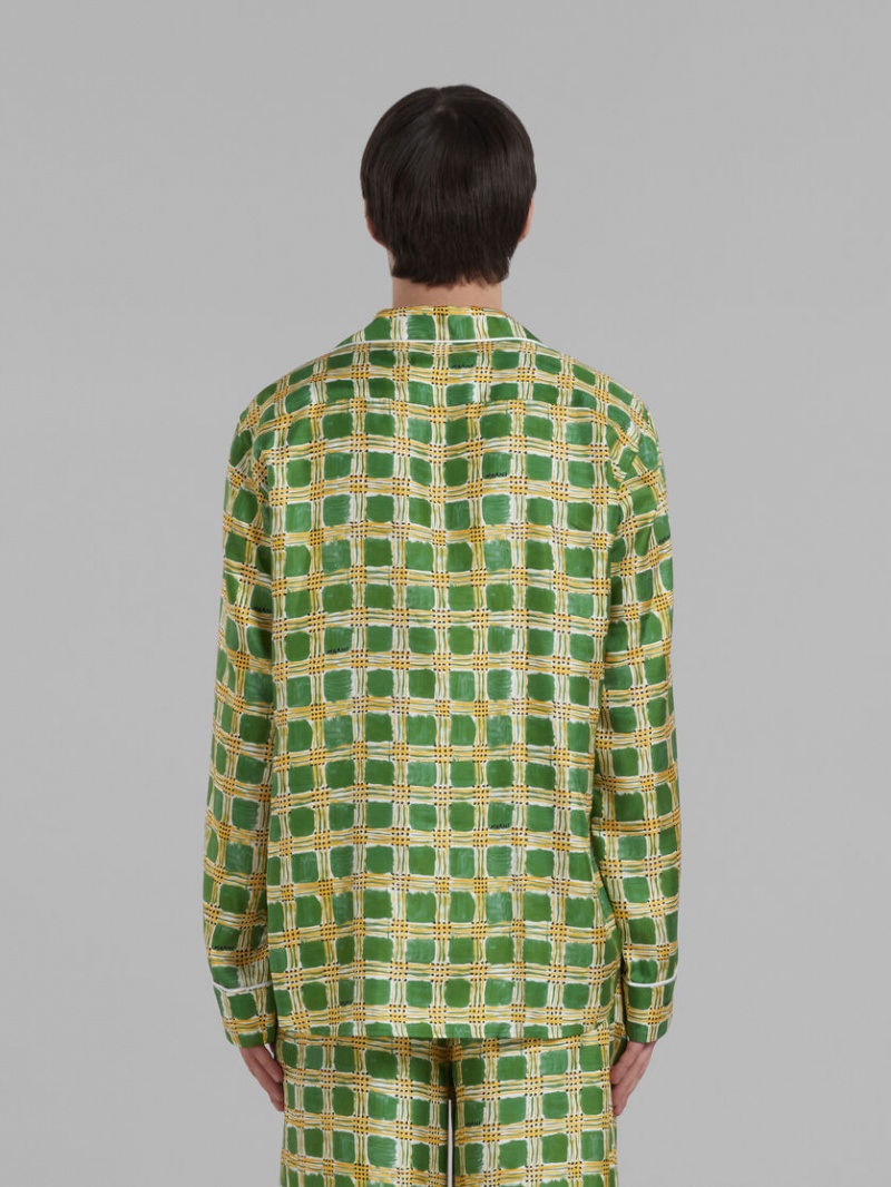 Marni Silk Twill Shirt With Check Fields Print Verdes | YMXGT58520