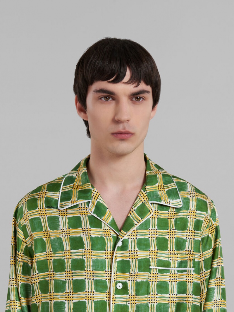 Marni Silk Twill Shirt With Check Fields Print Verdes | YMXGT58520