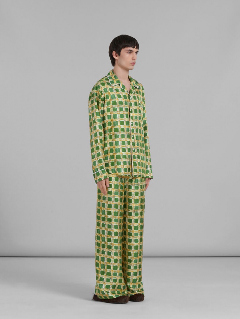 Marni Silk Twill Shirt With Check Fields Print Verdes | YMXGT58520