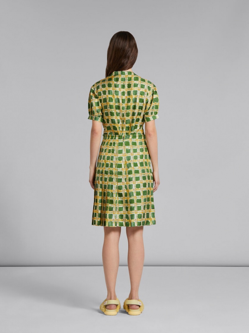 Marni Silk Twill Skirt With Check Fields Print Verdes | QMXWA93297