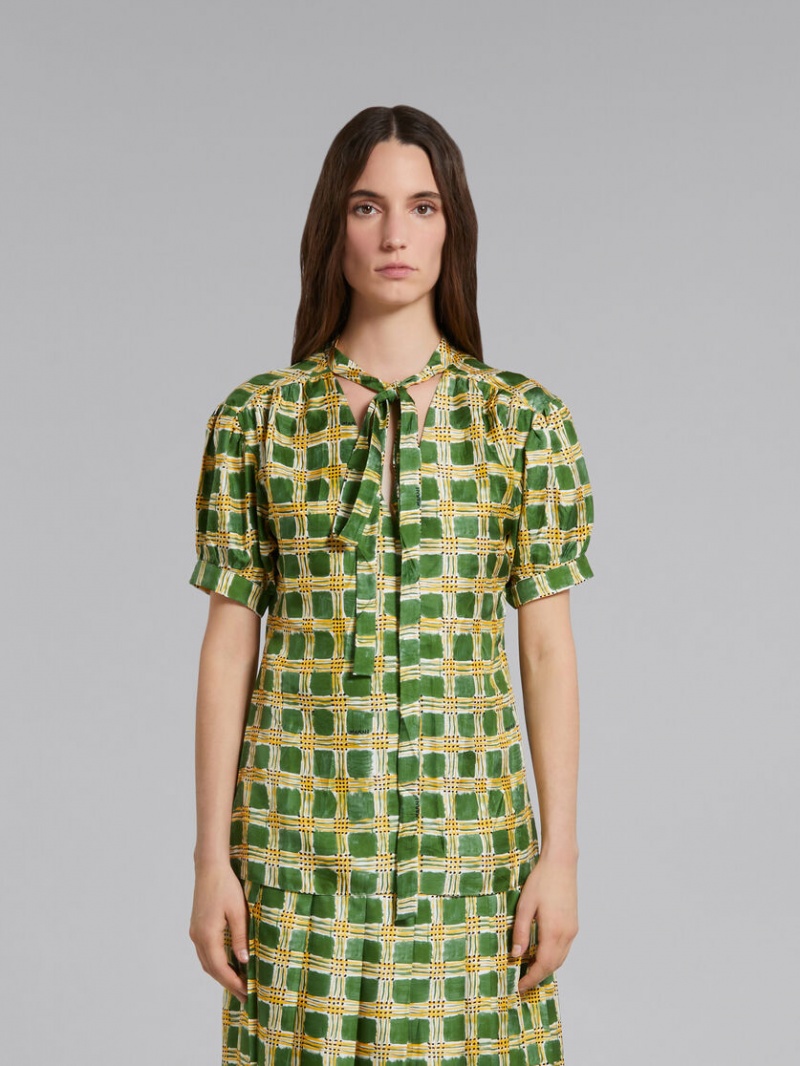 Marni Silk Twill Top With Check Fields Print Verdes | MXNZX75540