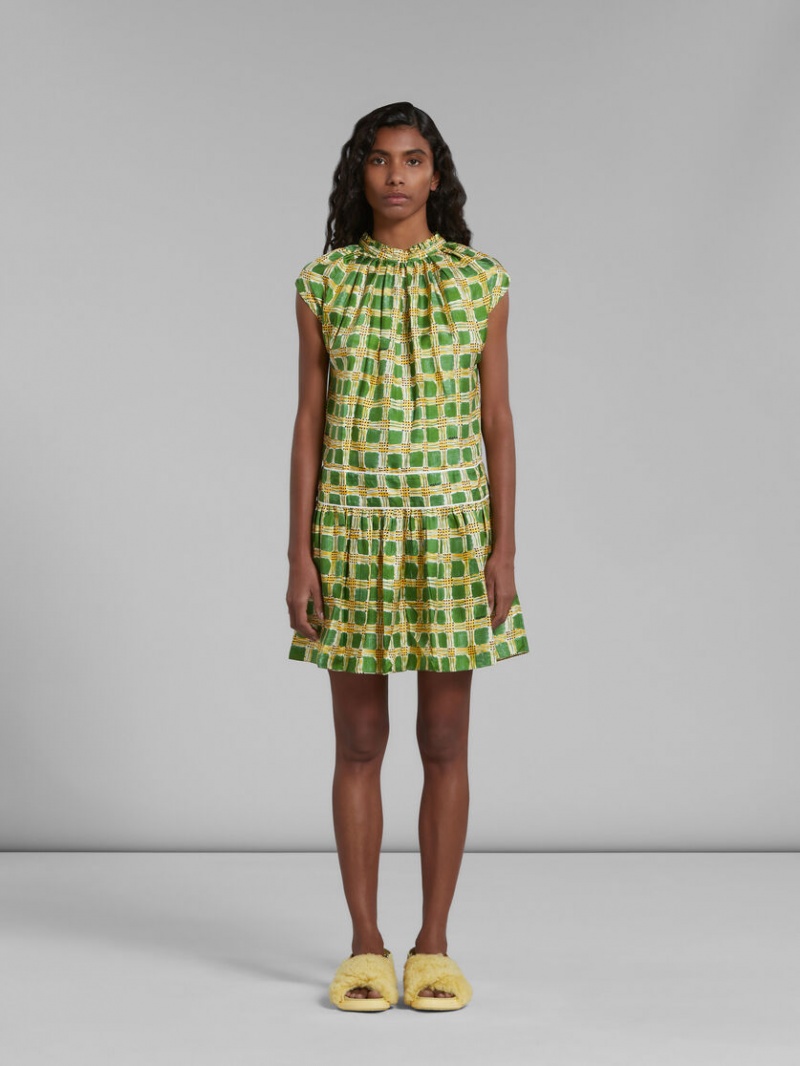 Marni Silk Twill With Check Fields Print Verdes | MXZDE68211