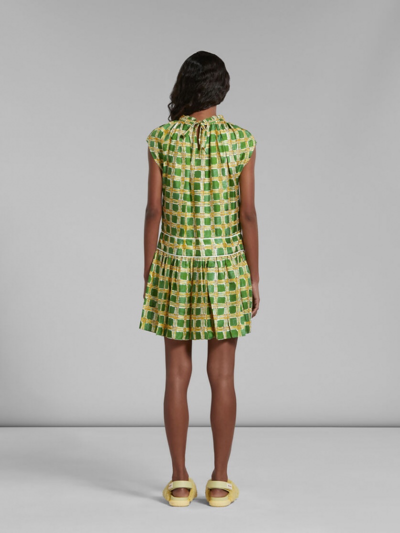 Marni Silk Twill With Check Fields Print Verdes | MXZDE68211