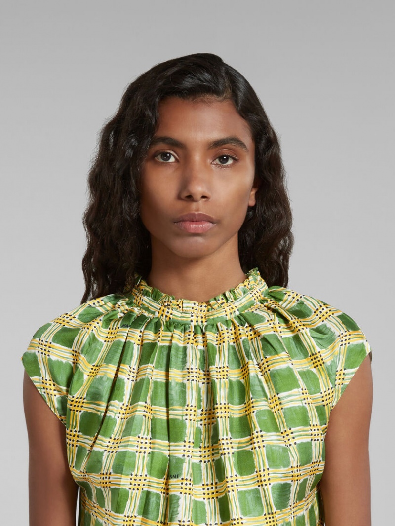 Marni Silk Twill With Check Fields Print Verdes | MXZDE68211