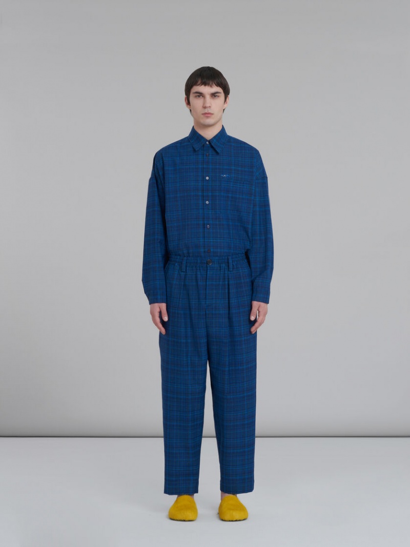 Marni Stretch Cintura Trousers In Checked Light Lana Azules Azules | MXDFL49223