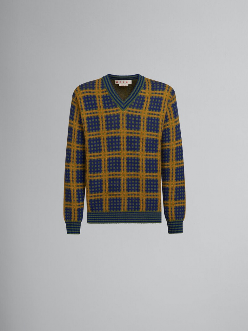 Marni V-neck Jumper With \'50s Check Verdes | MXCIF36180